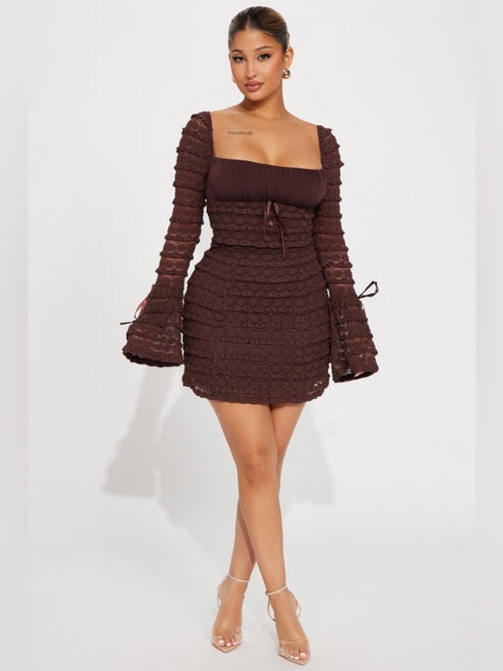 💫 Chocolate Espresso Lace Mini Dress - Brown Bell Sleeves Size Extra Large NWT